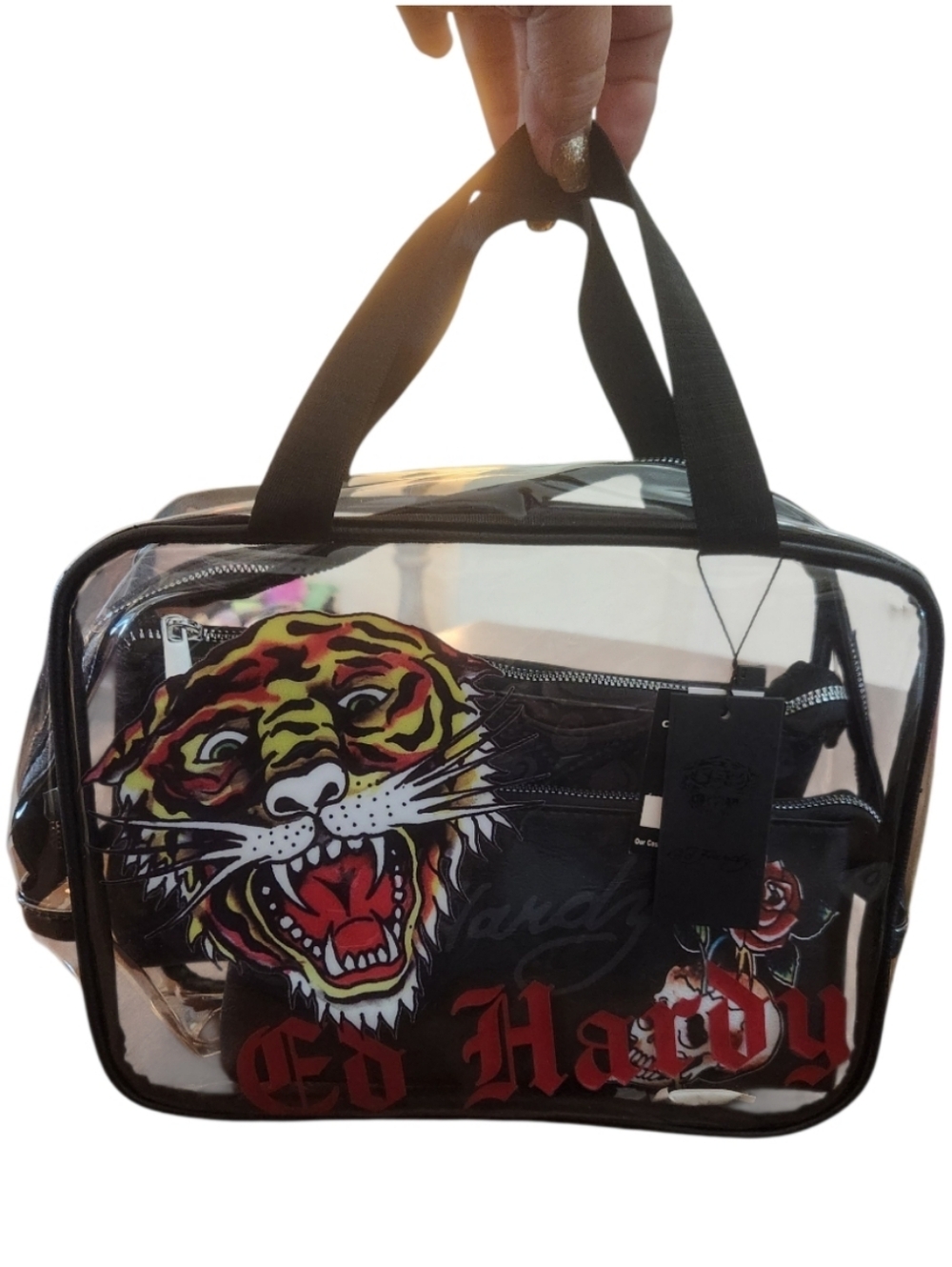 Ed Hardy Clear Toiletry Bag with Multicolor Tiger and Red Logo Set Of 3 Nwt